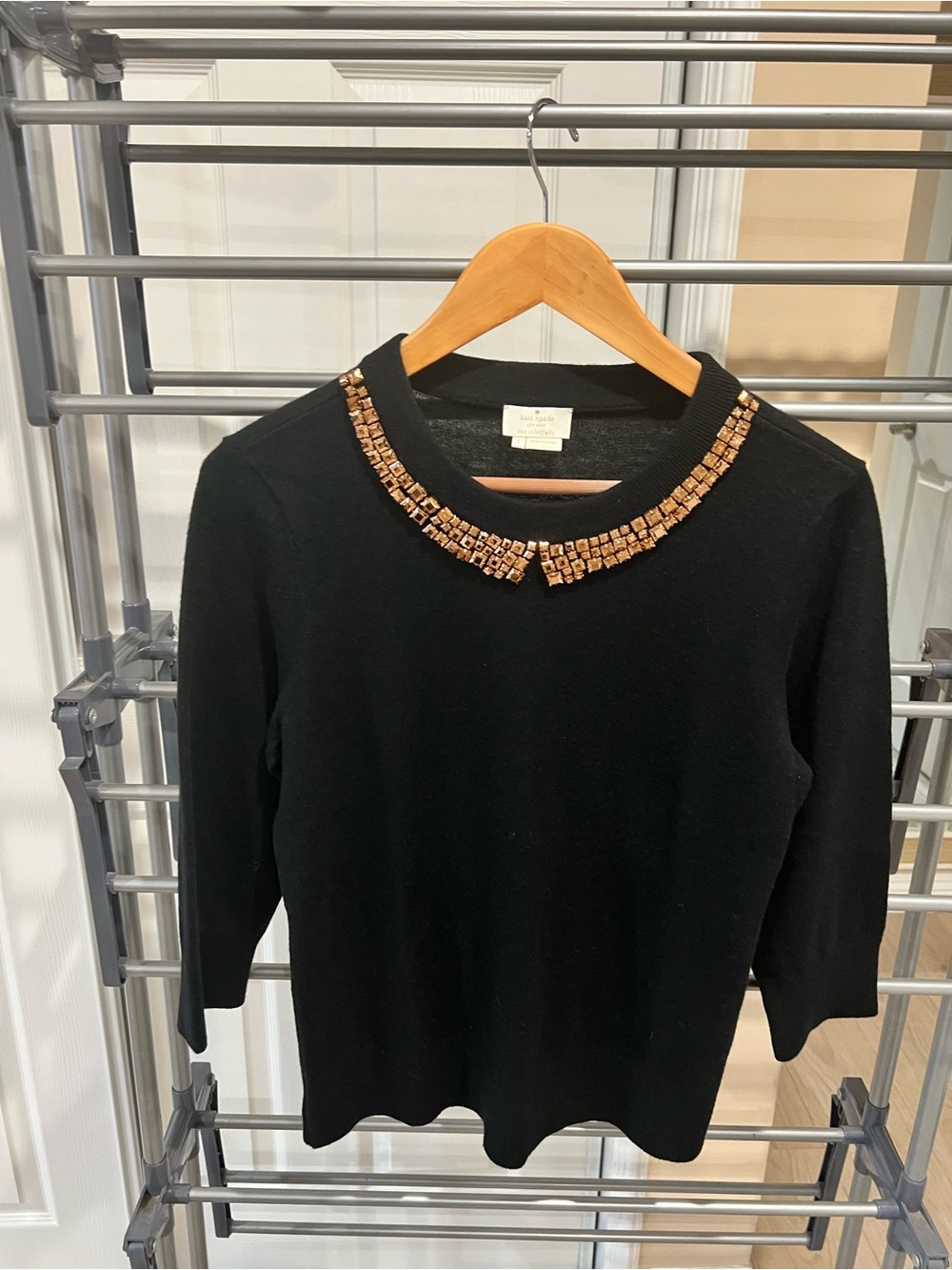 Kate Spade Black Embellished Neckline Wool Cashmere Sweater Top Size L